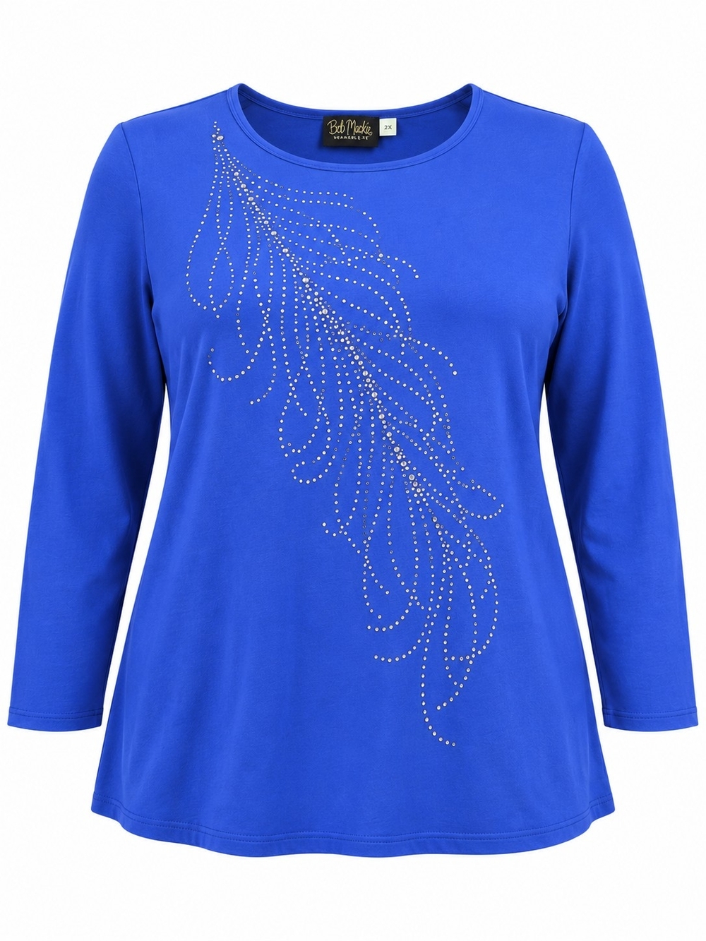BOB MACKIE | Wearable Art Cobalt Blue Rhinestone Feather Stretch Top Plus | 2X